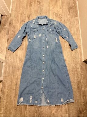 Light Blue Distressed Denim Button-Front Maxi Dress